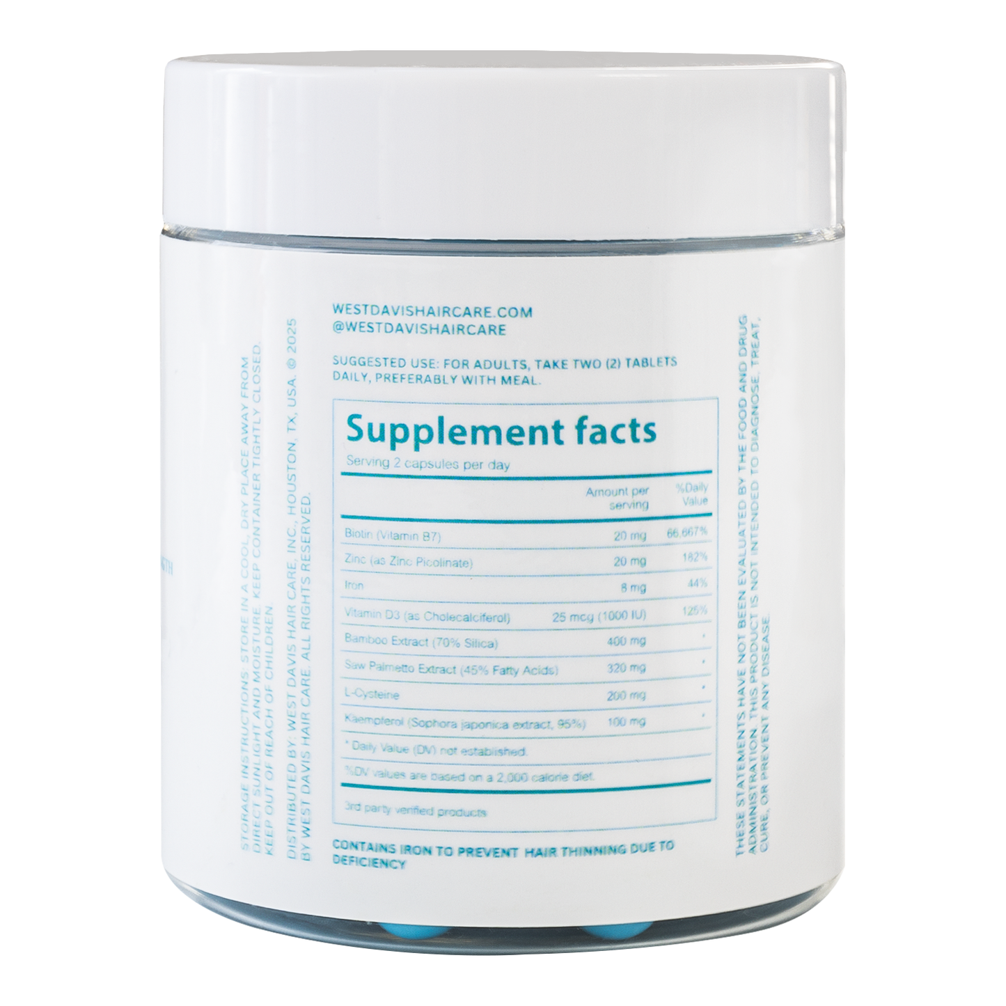 West Davis GPS Hair Vitamins | Supports Stronger, Fuller-Looking Hair | Biotin, Iron & Saw Palmetto | 30 Capsules