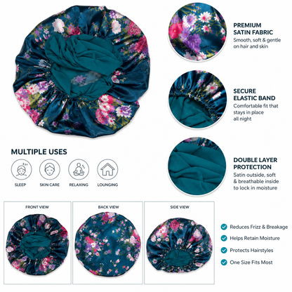 Extra Large Adjustable Satin Bonnet for Women, Double Layer Silk Sleep Cap, Floral Hair Bonnet for Curly Hair, Braids, Locs, Natural Hair & Protective Styles
